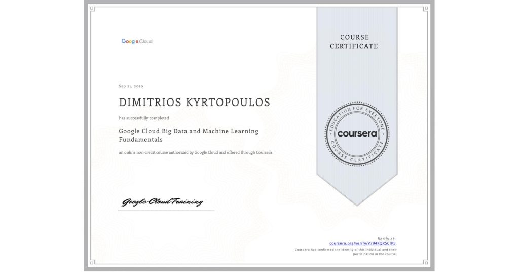 Google Cloud Big Data and Machine Learning Fundamentals Dimitris Kyrtopoulos
