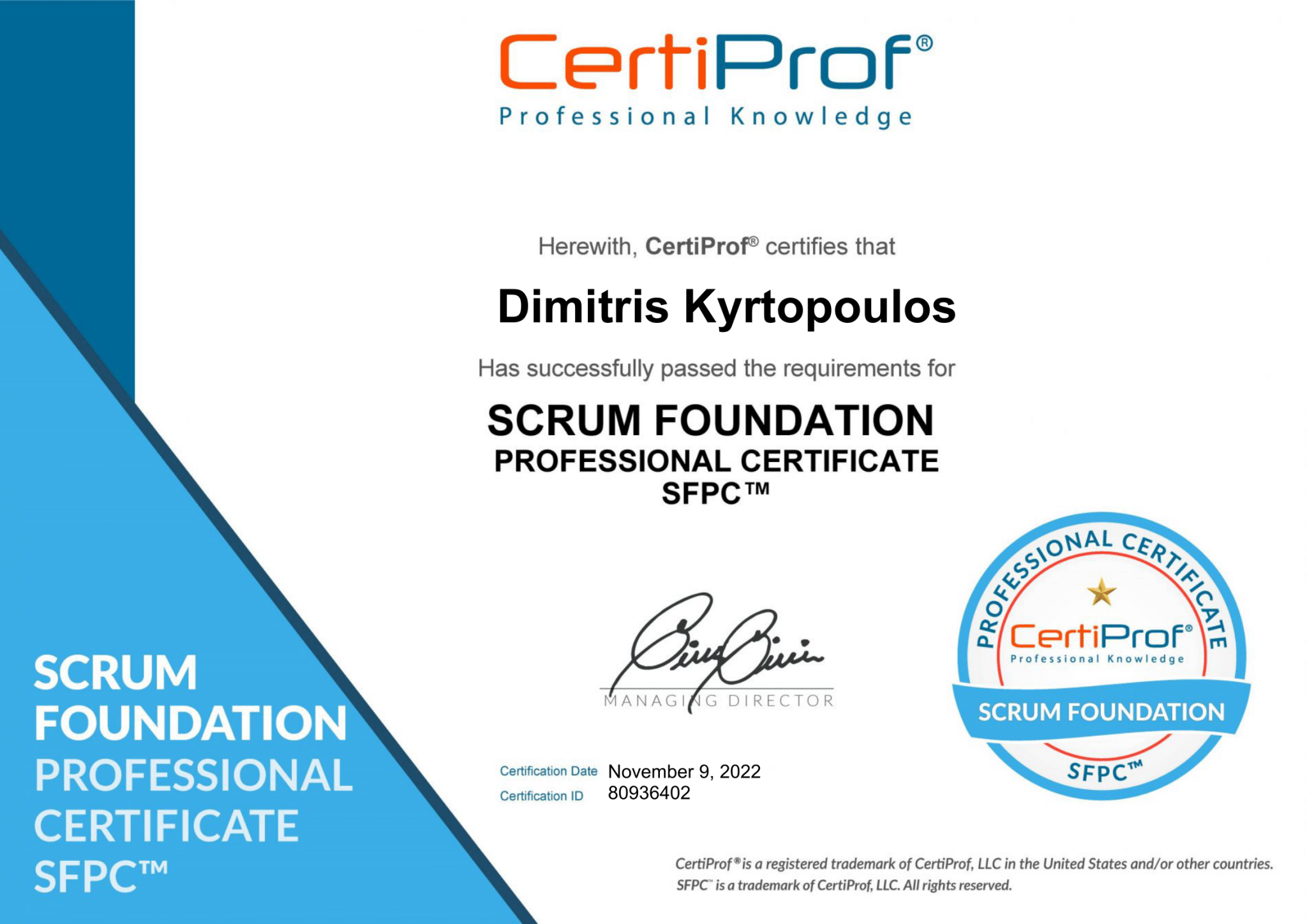 Scrum Foundation Professional Certificate SFPC Dimitris Kyrtopoulos